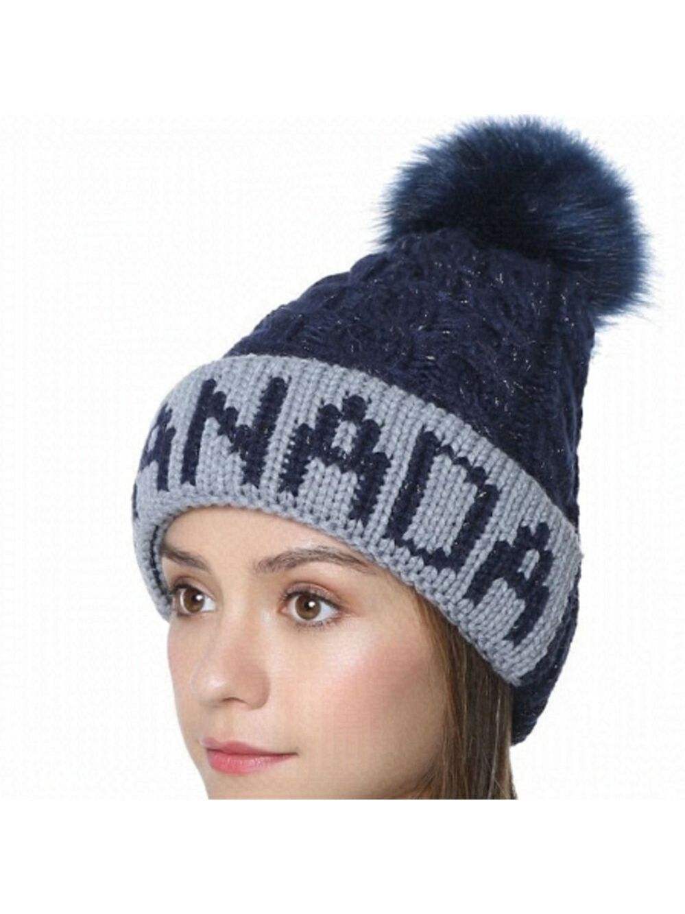 TRÏBE Blue Canadian winter knit hat Toque With Faux fur Pompom NWT